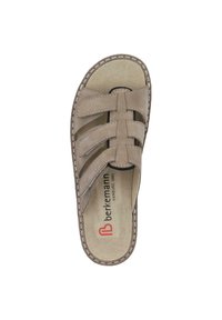 Brown suede slide sandal with crisscross straps, cushioned footbed, and stitching detail. Features brand logo in red on the insole.