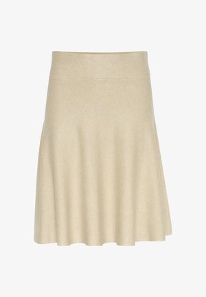 A flared, knee-length skirt in light beige, made from a soft knit fabric with a smooth texture and an elastic waistband.