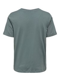 Enkelt T-shirt med korte ærmer i dæmpet gråblå farve, set bagfra med enkel rund halsudskæring og uden synlige logoer eller mønstre.