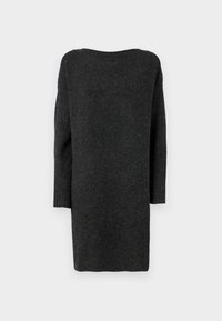 Robe pull longue et gris foncé, fabriquée dans un matériau doux et texturé. Présente un décolleté large et des manches longues ajustées avec des poignets côtelés.