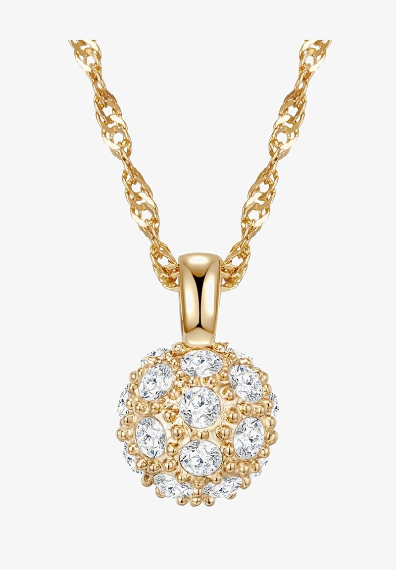 Aukso grandinėlė su tekstūruota grandimi, turinti sferinį pakabuką, papuoštą keliais skaidriais, ovaliais brangakmeniais, išdėstytais karoliukų raštu.