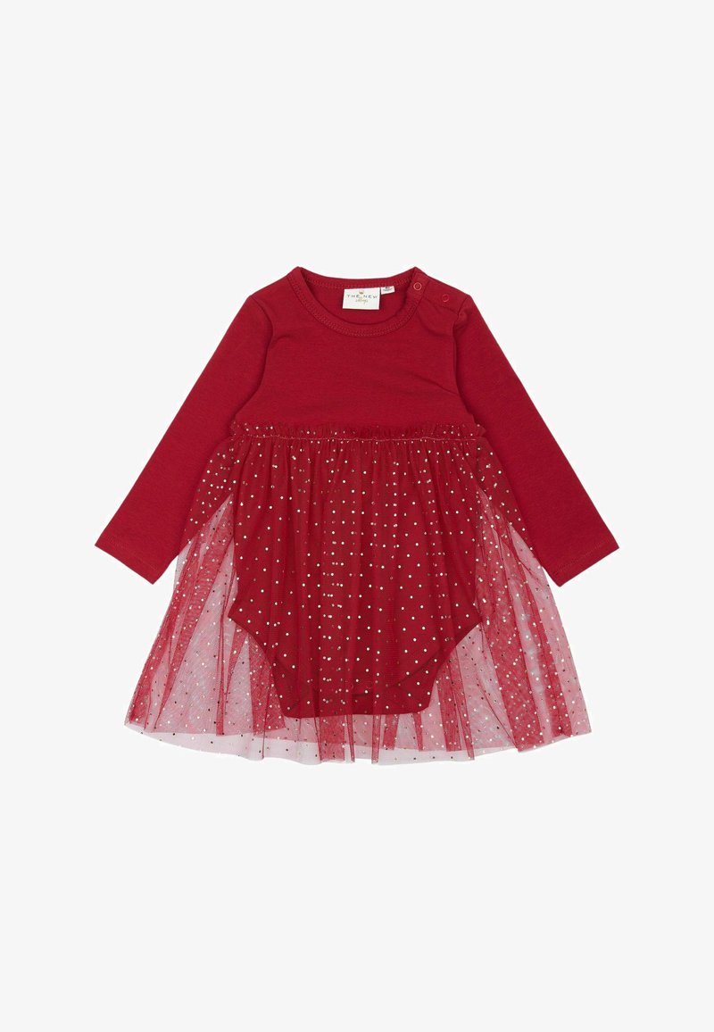 Rochie roșie cu mânecă lungă, cu o overlay din tull, având buline argintii, guler rotund și închidere cu nasturi pe umăr.