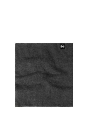 Cuello tubular de punto gris oscuro con una pequeña etiqueta de la marca Buff en blanco y negro en el borde superior.