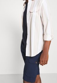 Camicia leggera a righe in colori pastello con maniche arrotolate, abbinata a pantaloni cargo scuri in navy con tasche laterali.
