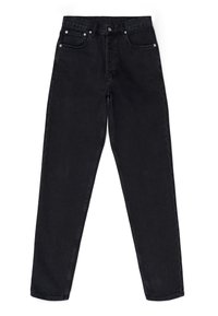 Jeans de denim negro con cintura alta, corte recto, cinco bolsillos y herrajes en tono plateado, que presentan una textura suave y mínimas decoloraciones.