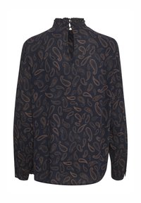 Námornícka blúzka s bronzovým paisley vzorom, s dlhými rukávmi, vysokým golierom so záhybovanou lemovkou a zapínaním na chrbte s dvoma gombíkmi.