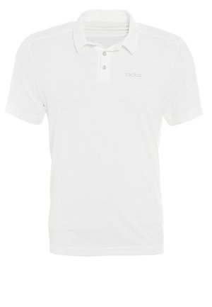 Polo blanc à manches courtes avec col, patte à deux boutons et petit logo "odlo" sur la poitrine gauche.