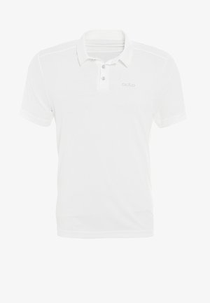 Polo blanc à manches courtes avec col, patte à deux boutons et petit logo "odlo" sur la poitrine gauche.