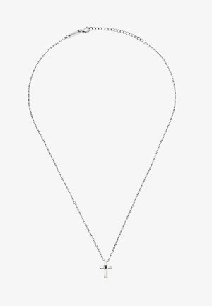 Srebrny naszyjnik z cienkim łańcuszkiem i małym wisiorkiem w kształcie krzyża, z centralnym czarnym kamieniem szlachetnym, polerowane wykończenie i minimalistyczny design.