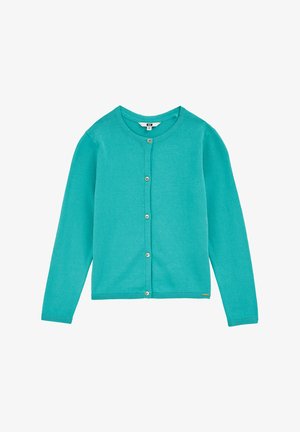 Cardigan turcoaz dintr-un material tricotat moale, cu guler rotund, mâneci lungi și nasturi aurii pe fața deschisă.
