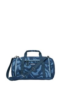 Duffle bag in navy blue and light blue camouflage, featuring dual handles, an adjustable shoulder strap, and zippered compartments.