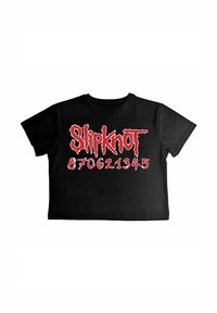 Black short-sleeve t-shirt featuring the word "Slipknot" in red, stylized lettering, with the numbers "870621345" printed below.