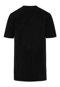 Camiseta de algodón negra, de manga corta, cuello redondo, color sólido, textura suave, sin logotipos ni patrones visibles, vista trasera mostrada.