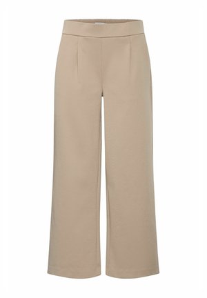 Pantalones de pierna ancha beige, hechos de una tela suave con una textura lisa, que presentan una cintura alta y pliegues frontales para un mayor detalle de diseño.