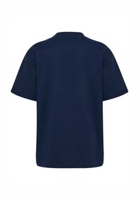 Schlichtes marineblaues T-Shirt mit kurzen Ärmeln, von hinten gezeigt, mit Rundhalsausschnitt und lockerer Passform.