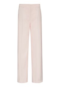 Pantaloni a gamba larga di colore rosa chiaro con una texture liscia, dotati di una vita standard e senza motivi o dettagli visibili.
