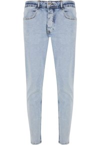 Világoskék skinny farmernadrág, klasszikus öt zsebes dizájnnal, elhalványult textúrával, cipzáros résszel és gombos záródással.