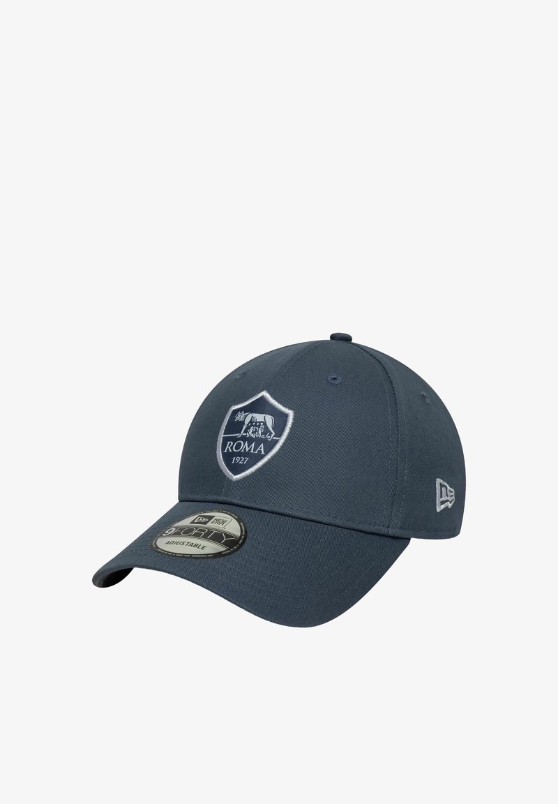 Dunkelblaues Baseball-Cap mit strukturiertem Design, besticktem Wappen-Logo mit "ROMA 1927" und verstellbarem Riemen; verfügt über einen flachen Schirm.