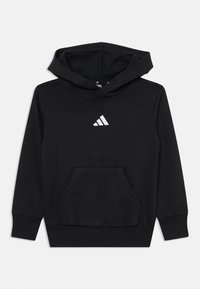 Hoodie noir avec une poche kangourou, présentant un petit logo Adidas blanc sur le devant. Matériau doux, poignets et ourlet côtelés.
