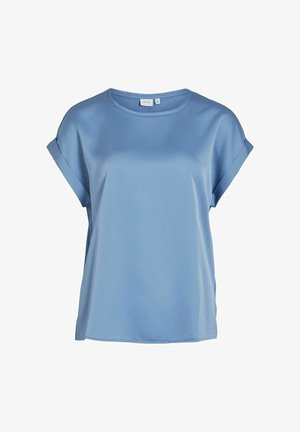 Lichtblauw T-shirt met korte mouwen, gemaakt van gladde stof. Heeft een ronde halslijn en opgerolde mouwen, met een ontspannen pasvorm en zonder zichtbare patronen.