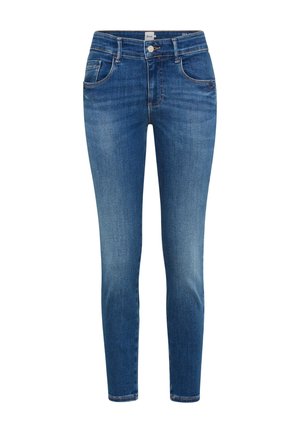 Blaue Slim-Fit-Jeans mit vorderer Knopfleiste und Reißverschluss, Fünf-Taschen-Design und leicht verwaschenen Bereichen an Oberschenkeln und Knien.