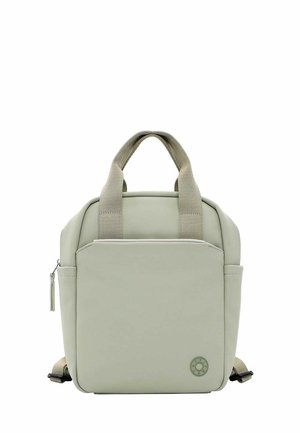 Light green bag with top handles and adjustable shoulder straps. Smooth, matte texture featuring a front pocket and circular logo detail.