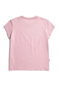 Kurzärmliges T-Shirt aus weichem, pinkem Baumwollstoff. Klassischer Rundhalsausschnitt, lässige Passform, glatte Textur, schlichtes Design mit einem kleinen Etikett an der Seite.