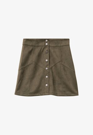 Olivengrøn ruskindsnederdel med en udvidet silhuet, frontknaplukning og to skrå lommer, prydet med metalknapper i sølvfarve.