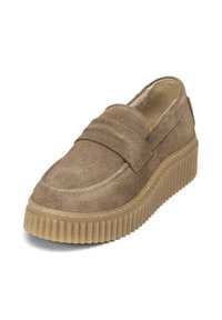 Brauner Wildleder-Slipper mit gepolsterter Oberseite, ausgestattet mit einer strukturierten Gummisohle und horizontalen Nähten über dem Spann.