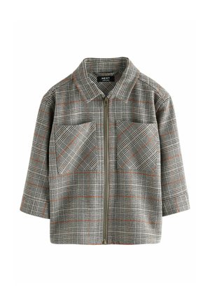 Grau karierter Blazer mit Reißverschlussfront, zwei Brusttaschen, orangen Akzenten im Muster und einem strukturierten Kragen. Hergestellt aus einem strukturierten Stoff.