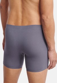 Grå bomulds-boxershorts med en glat tekstur, elastisk livrem og en tætsiddende pasform, der viser en bageste udsigt mod en hvid baggrund.