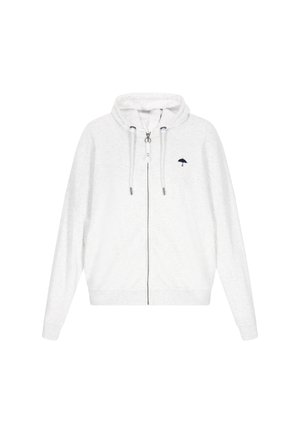 Hanorac alb cu fermoar, realizat dintr-un material moale; are o glugă cu șnururi și un mic logo de umbrelă bleumarin pe pieptul stâng.