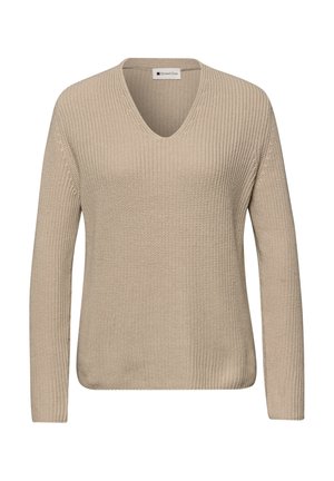 Pull beige en maille à manches longues avec col en V et texture côtelée, étiquette indiquant "Street One".