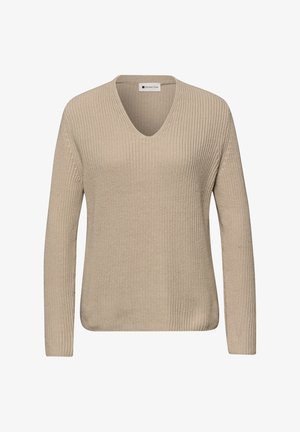 Suéter beige de manga larga tejido con cuello en V y textura acanalada, etiqueta que dice "Street One".