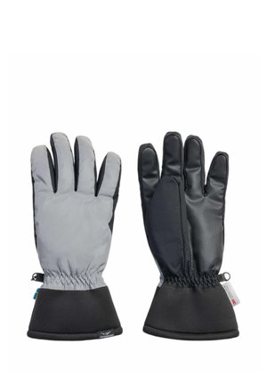 Paire de gants d'hiver avec côtés extérieurs en tissu gris et prise noire texturée à l'intérieur, avec poignets élastiques et manchettes prolongées.