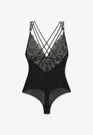 Body noir avec des détails en dentelle délicate, doté d'un décolleté en V profond et de bretelles croisées dans le dos. Le tissu transparent complète le design.