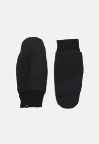 Black mittens featuring a mix of smooth fabric and textured fleece. Ribbed cuffs and a prominent logo on one mitten.