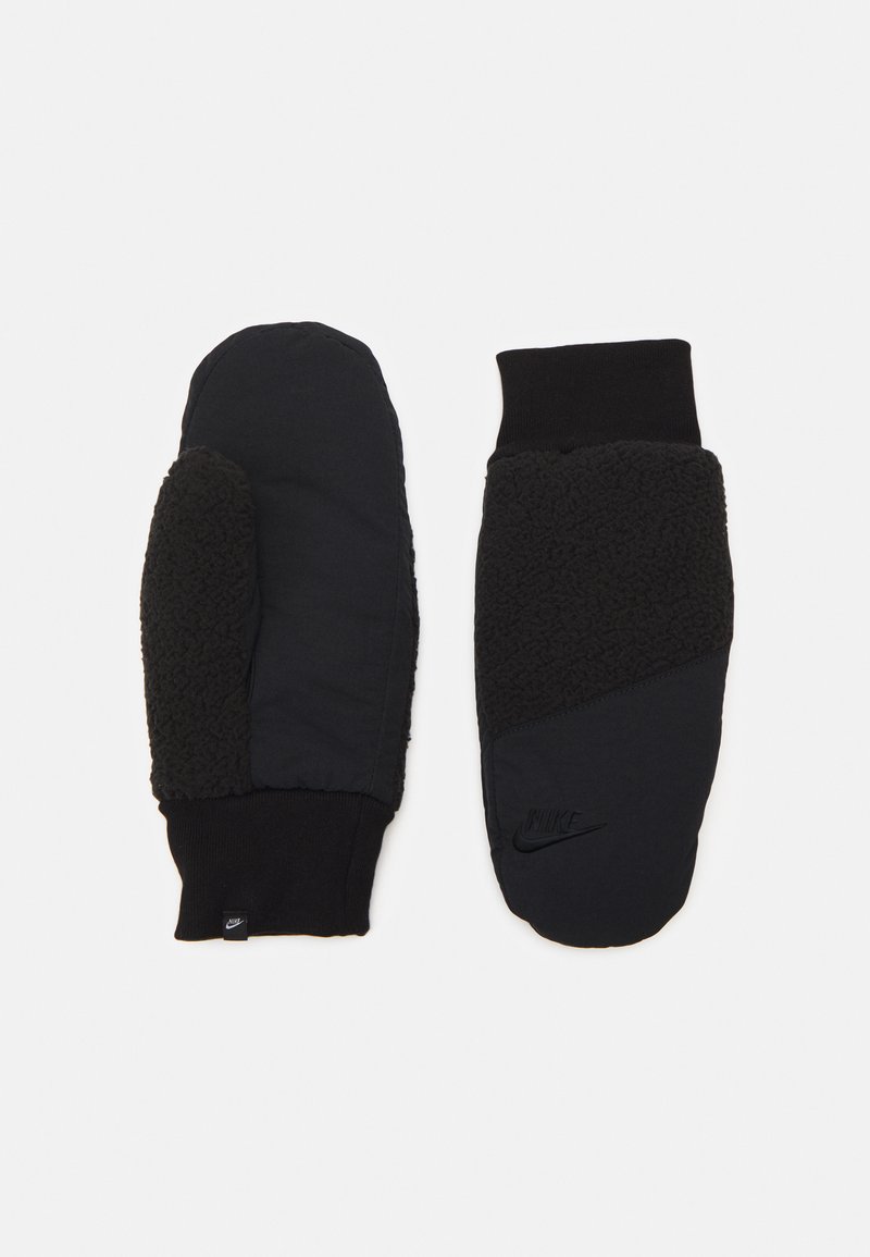 Black mittens featuring a mix of smooth fabric and textured fleece. Ribbed cuffs and a prominent logo on one mitten.