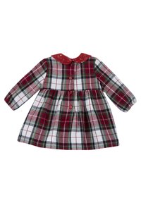 Czerwona i zielona sukienka w kratę z okrągłym kołnierzem, długimi rękawami i guzikami. Posiada marszczoną spódnicę oraz kołnierz ozdobiony cekinami.