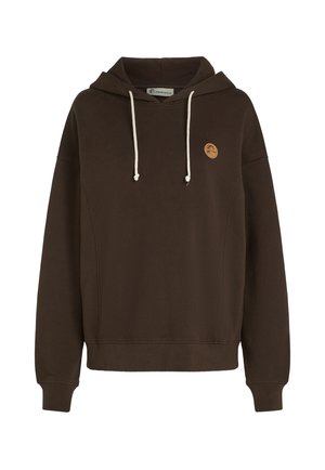 Brauner Baumwoll-Hoodie mit verstellbaren Kordeln, gerippten Bündchen und einem kleinen Logo-Patch auf der Vorderseite. Bequeme und lässige Gestaltung.