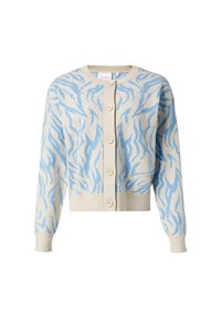 Sweter kardigan w kremowym kolorze z niebieskim abstrakcyjnym wzorem w paski przypominającym tygrysa, z prążkowanym wykończeniem u dołu i sześcioma guzikami z przodu. Długie rękawy.