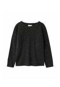 Ciemnoszary sweter z długim rękawem, okrągłym dekoltem, miękką fakturą oraz ściągaczami przy rękawach i dolnym brzegu. Prosty design i luźny krój.