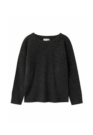 Dunkelgrauer, langärmeliger Pullover mit rundem Ausschnitt, weichem Material und gerippten Bündchen an den Ärmeln und am Saum. Schlichtes Design und lockere Passform.