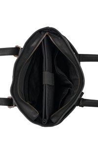 Borsa a mano in pelle nera con finitura texturizzata, dotata di chiusura con zip, molteplici scomparti interni e manici robusti.