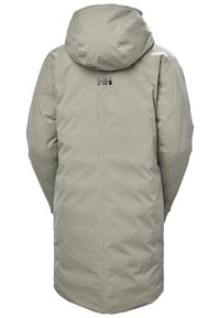 Grijze waterdichte parka met een capuchon, met een gladde buitenkant, middenlange ontwerp en een logo op de bovenrug.