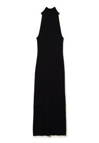 Robe en tricot noir avec un col haut, design sans manches, et une silhouette ajustée, atteignant sous le genou avec une texture lisse.