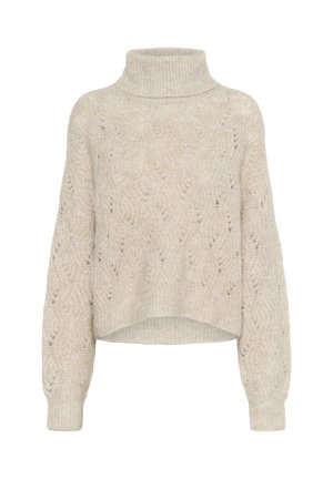 Maglione beige lavorato a maglia con collo alto, lunghezza cropped e maniche lunghe e morbide con un motivo aperto e testurizzato.