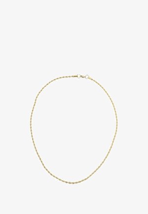 Collana a catena attorcigliata in tono oro, con una superficie liscia e un design minimalista, completata da una chiusura a scatto sicura.