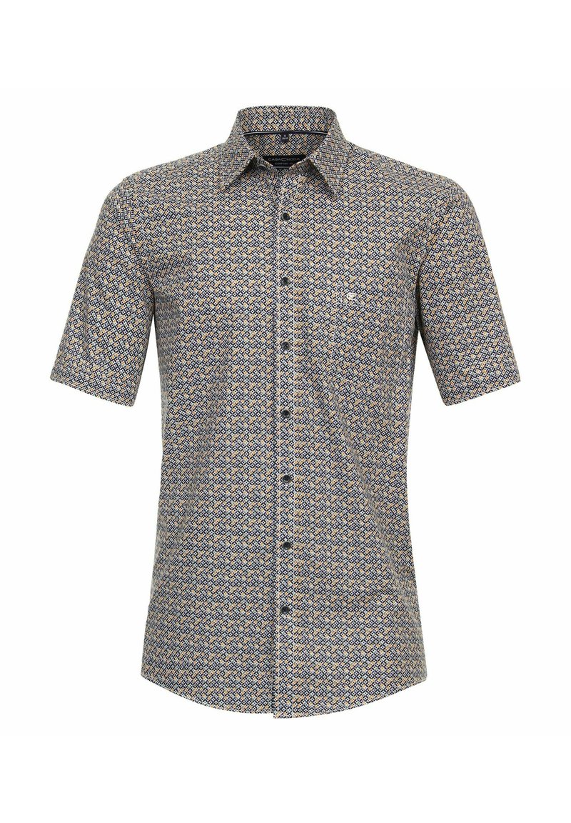 Koszula krótkoe rękawowa zapinana na guziki w niebiesko-złotym wzorze geometrycznym, z kołnierzykiem w szpic i subtelnym logo na klatce piersiowej.
