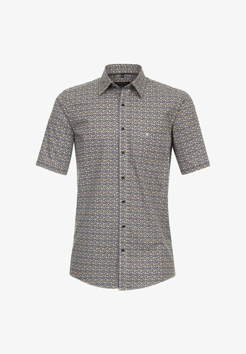 Koszula krótkoe rękawowa zapinana na guziki w niebiesko-złotym wzorze geometrycznym, z kołnierzykiem w szpic i subtelnym logo na klatce piersiowej.